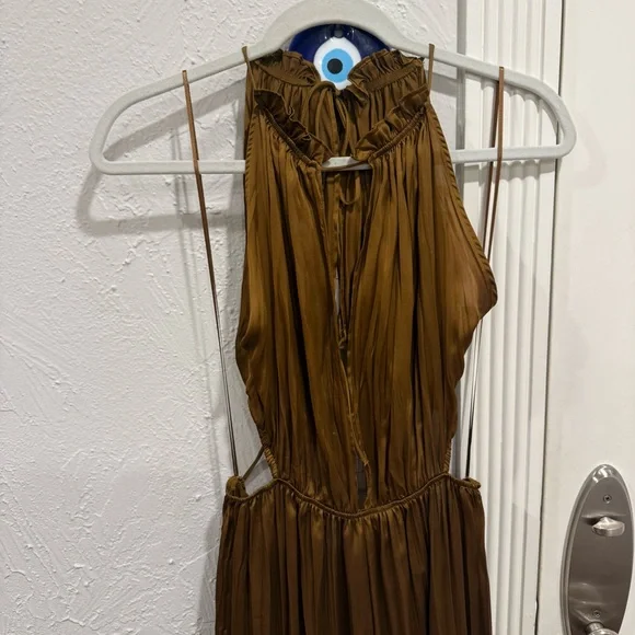 Zara Olive Green Satin Maxi Dress with Cutout - Picture 6 of 9